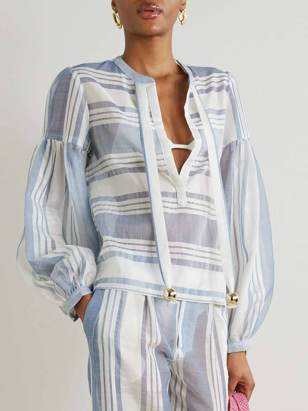 Retro Embellished Striped Print Gauze Shirt