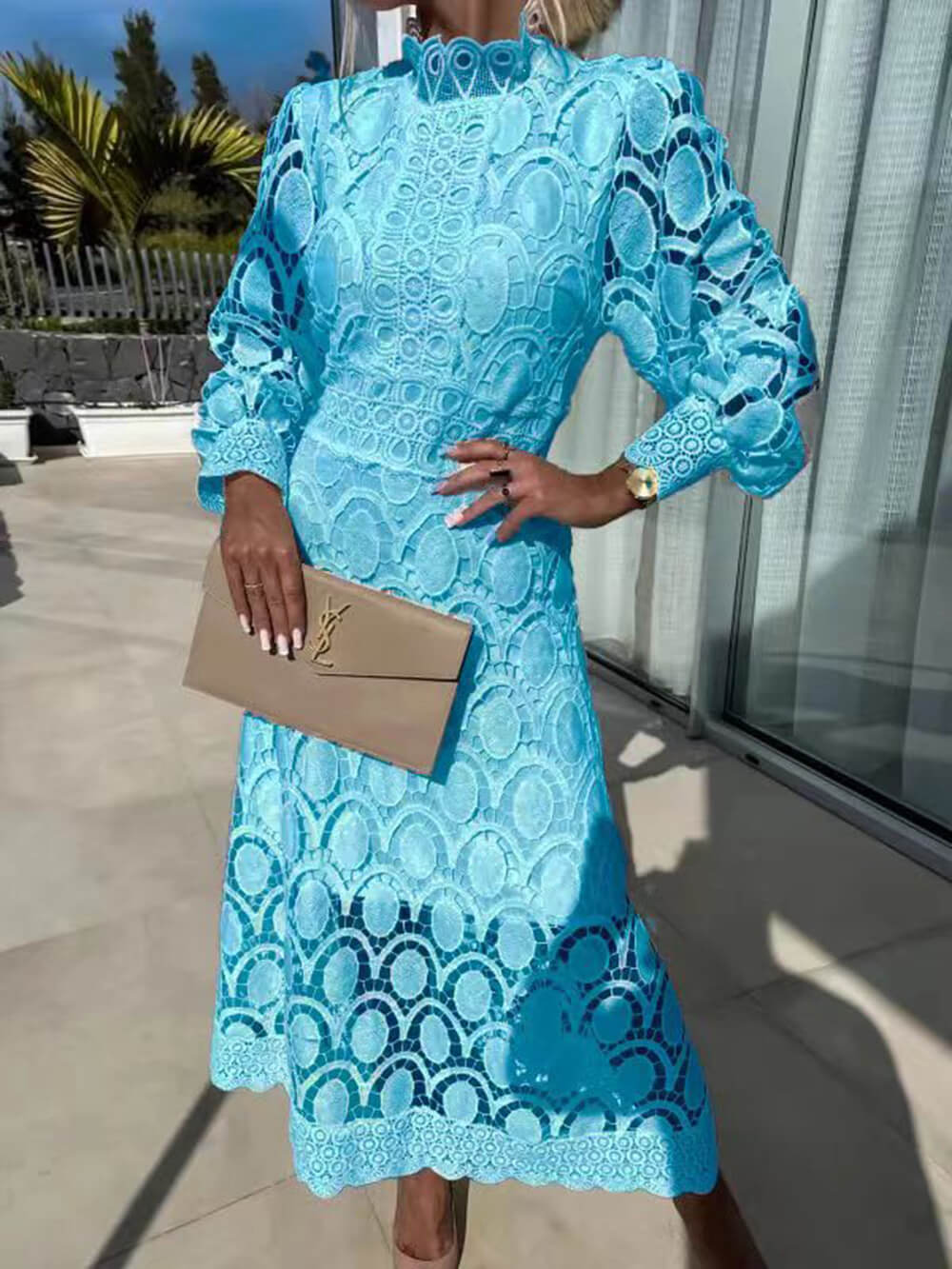 French Lace High-Neck Puff Sleeve Waist-Cinching Midi Dress