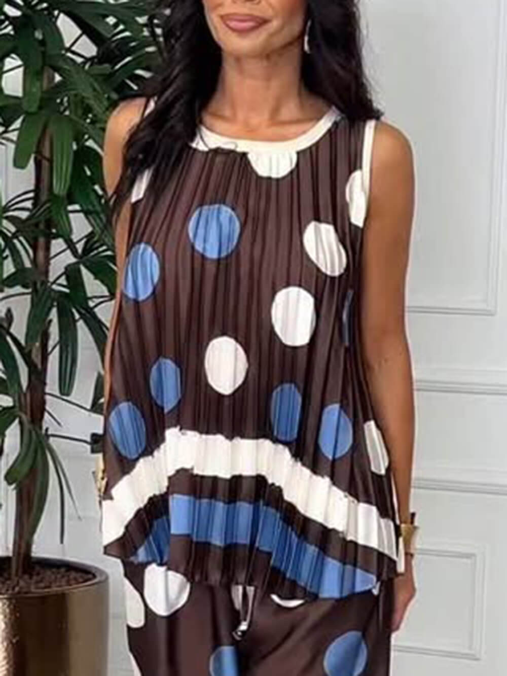 Retro Pleated Circle Print Colorblock Sleeveless Tank Top