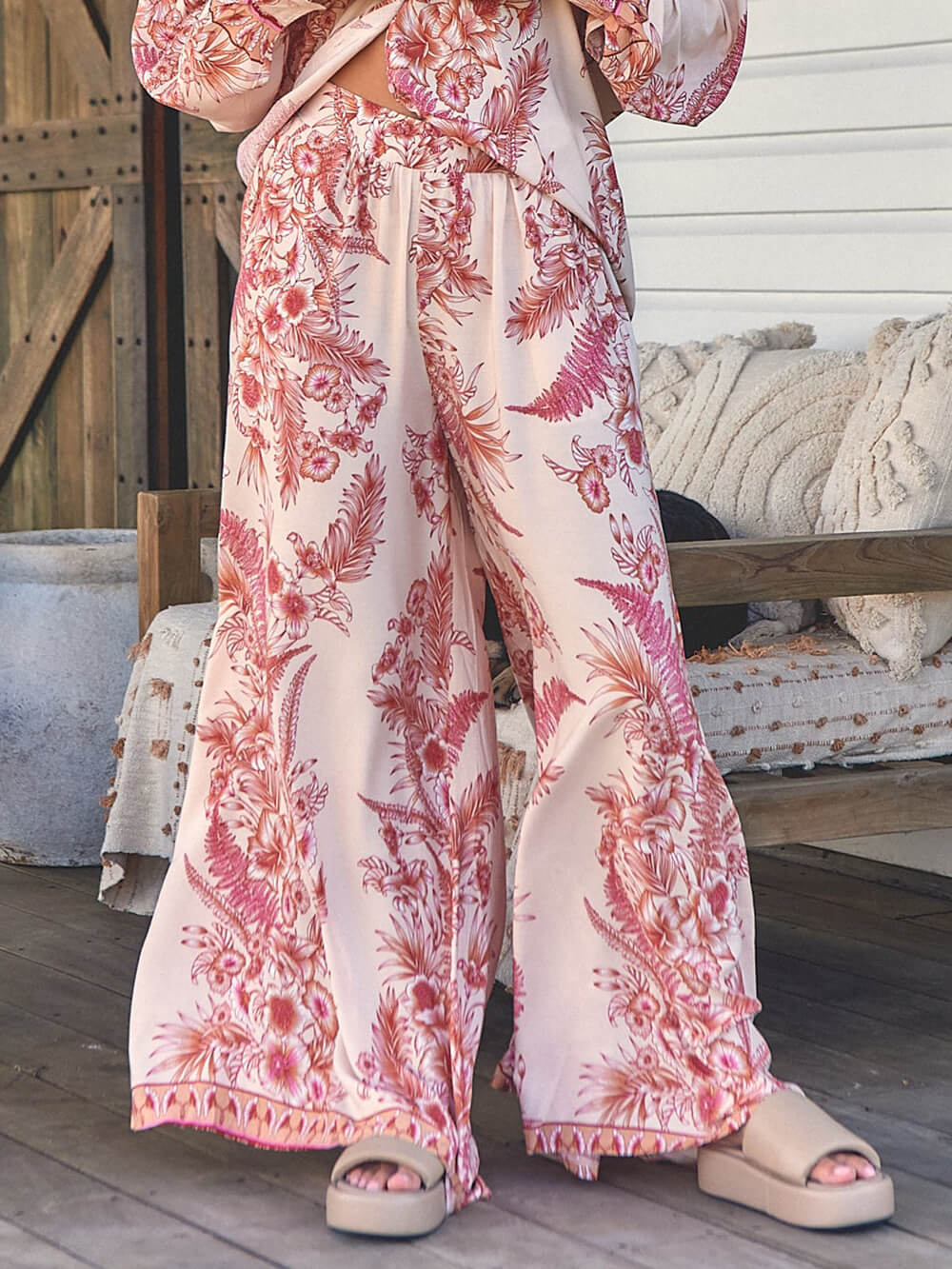Warm Holiday Floral Printed Loose Elastic Waist Wide Leg Pants