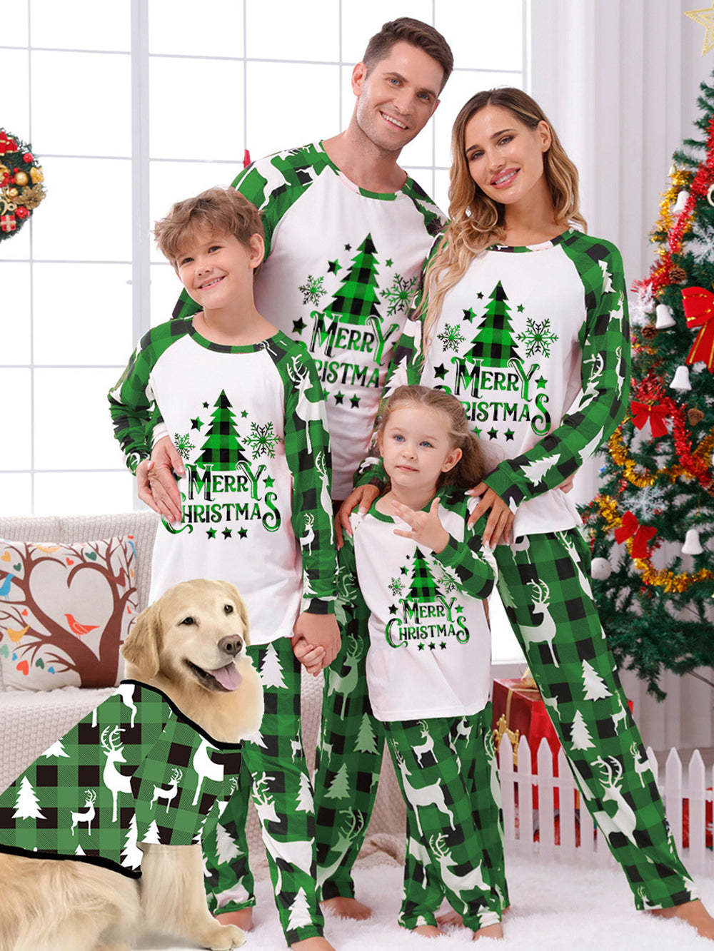 Green Plaid Christmas Tree Pattern Family Matching Pajamas Sets (with 
