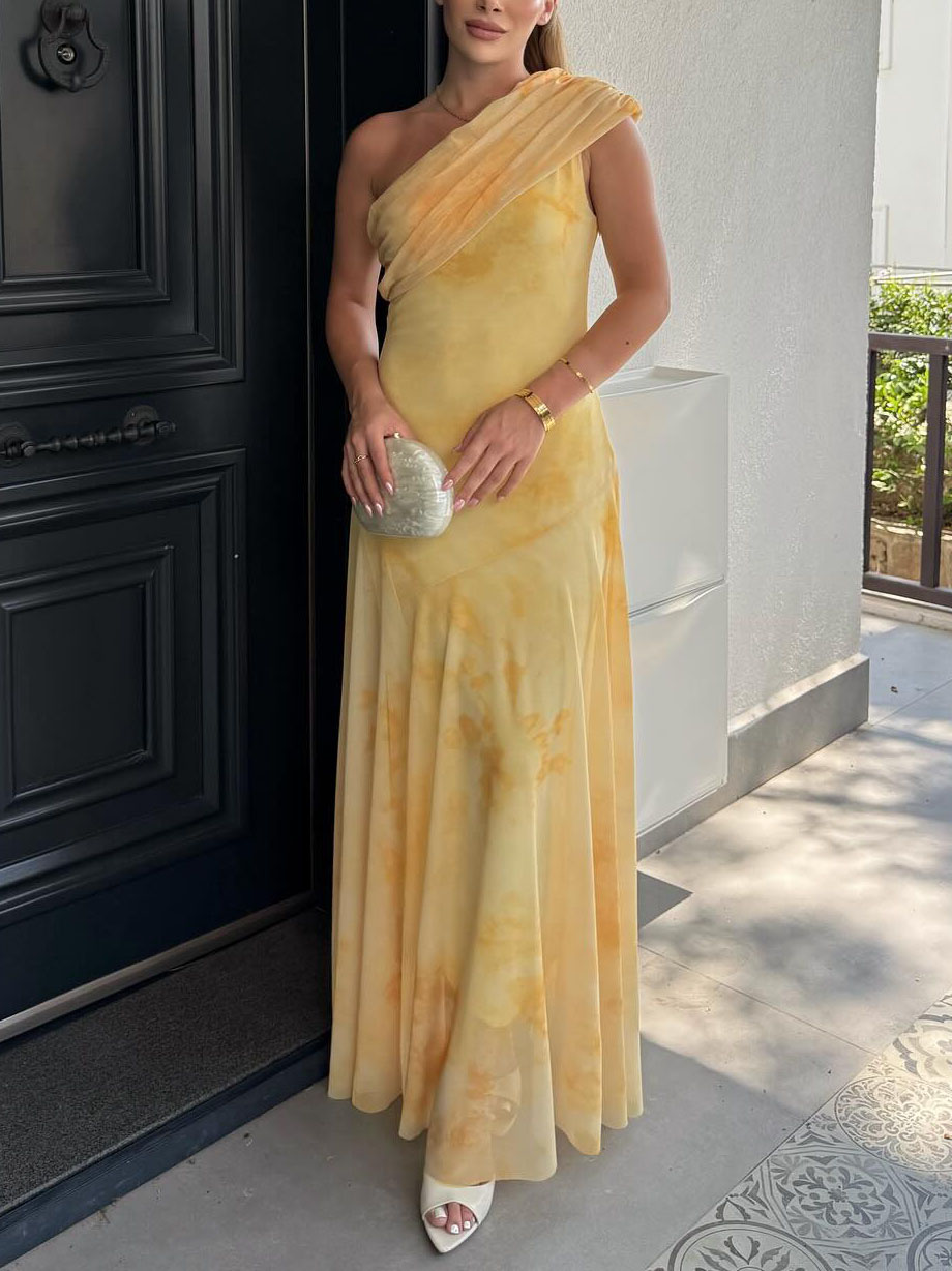 Tie-Dye Mesh Print One-Shoulder Sleeve Maxi Dress