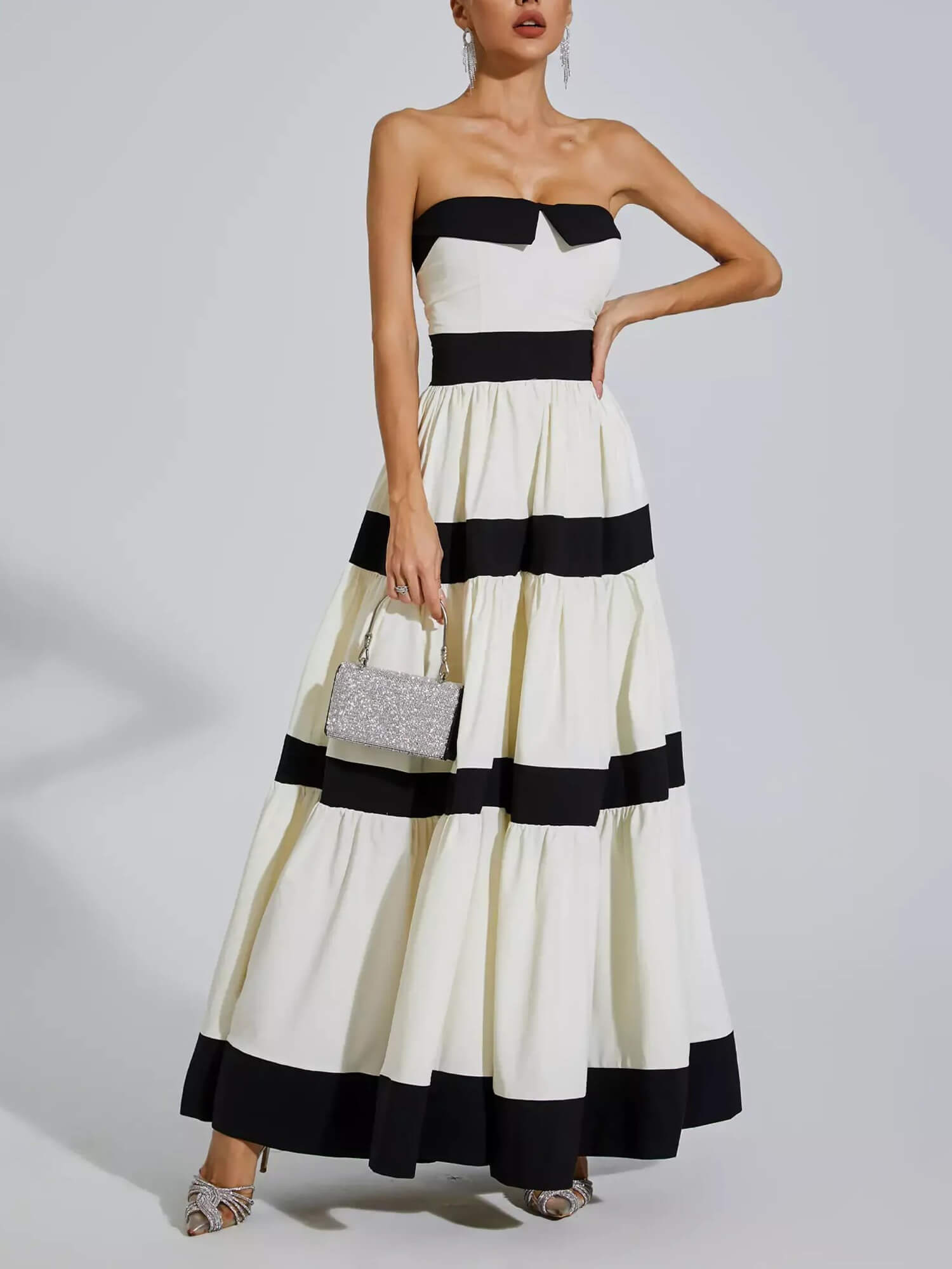 Elegant Striped Bow A-Line Maxi Dress