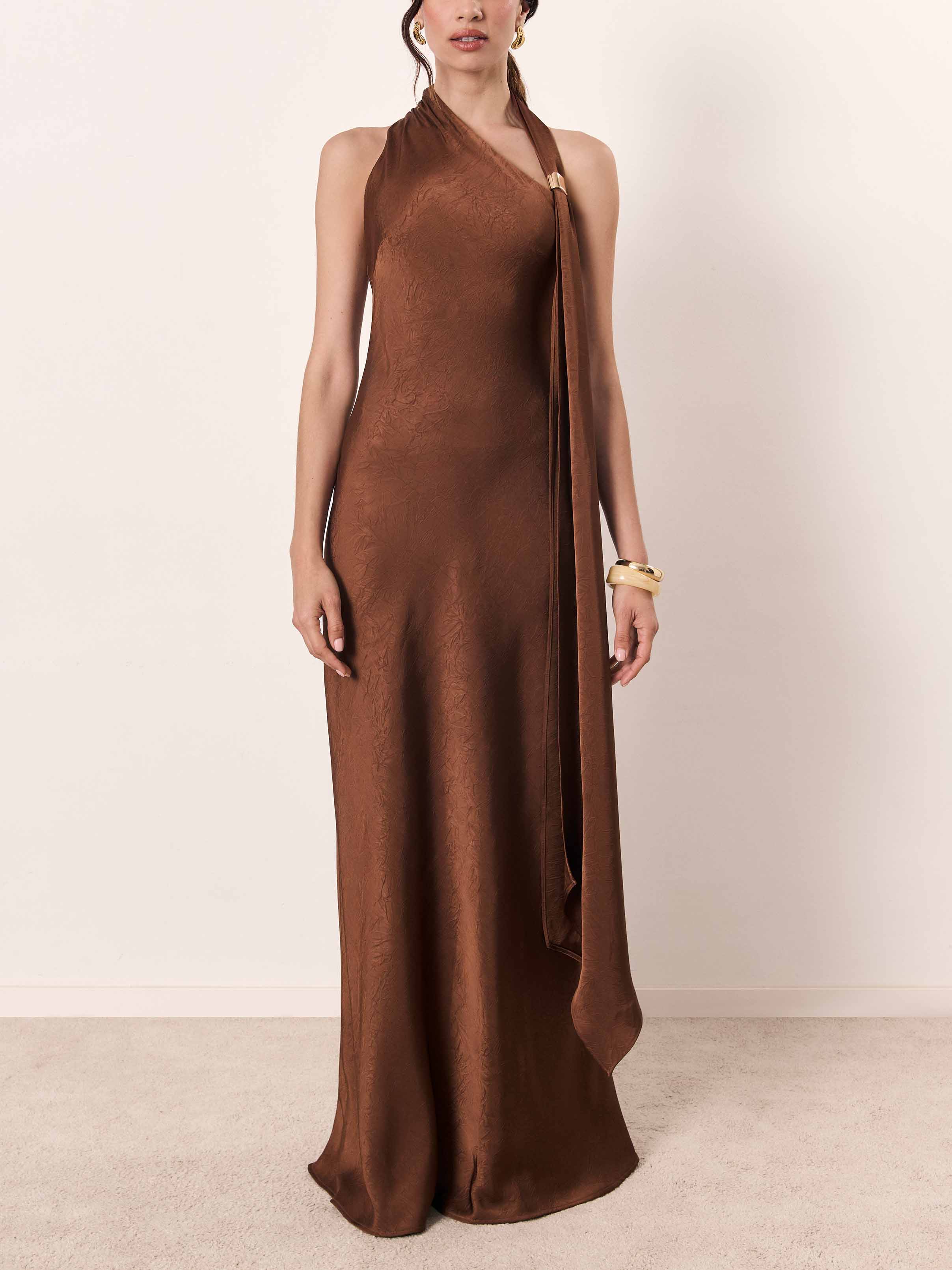 Elegant Bronze One-Shoulder Satin Maxi Dress