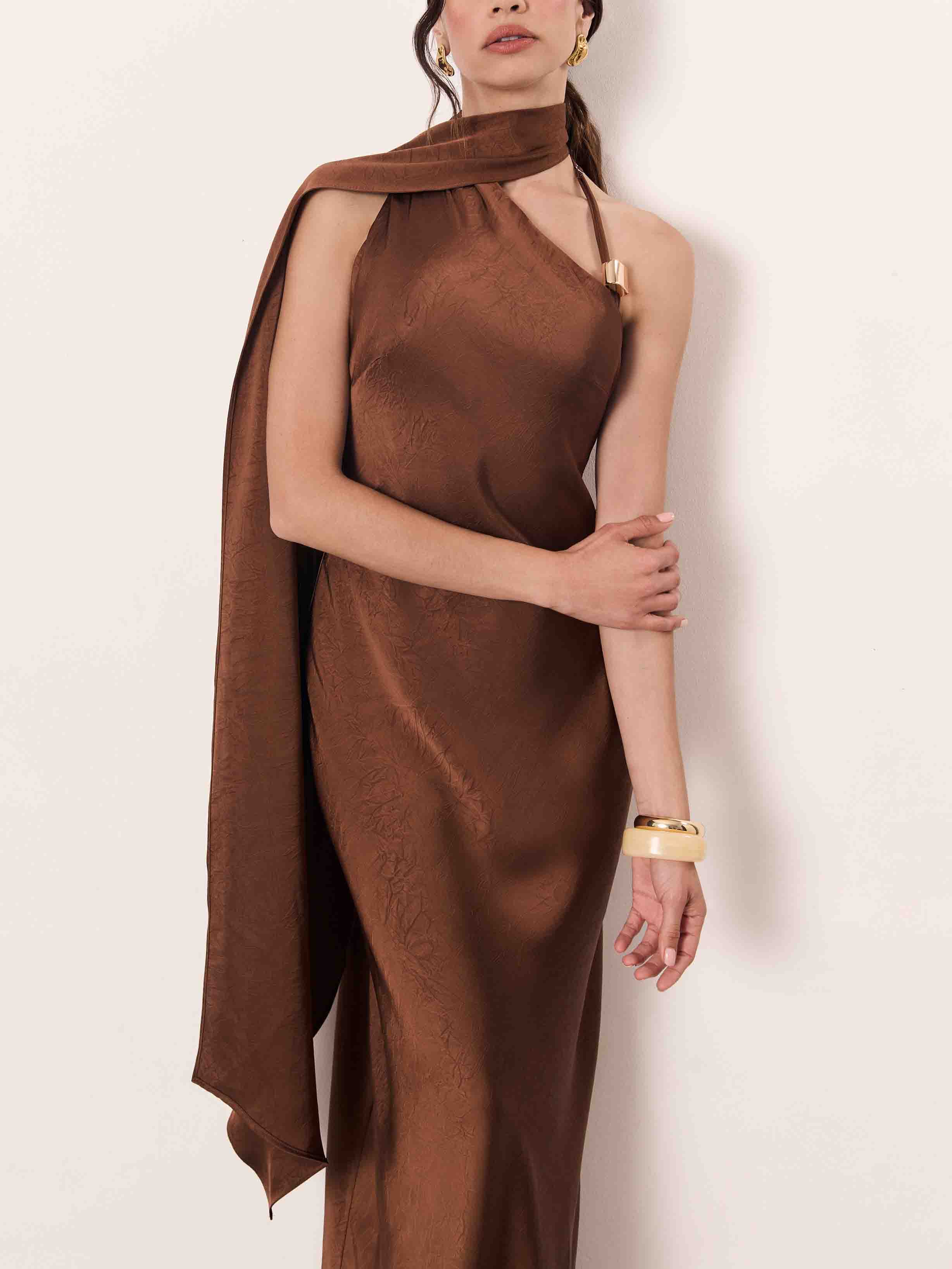 Elegant Bronze One-Shoulder Satin Maxi Dress
