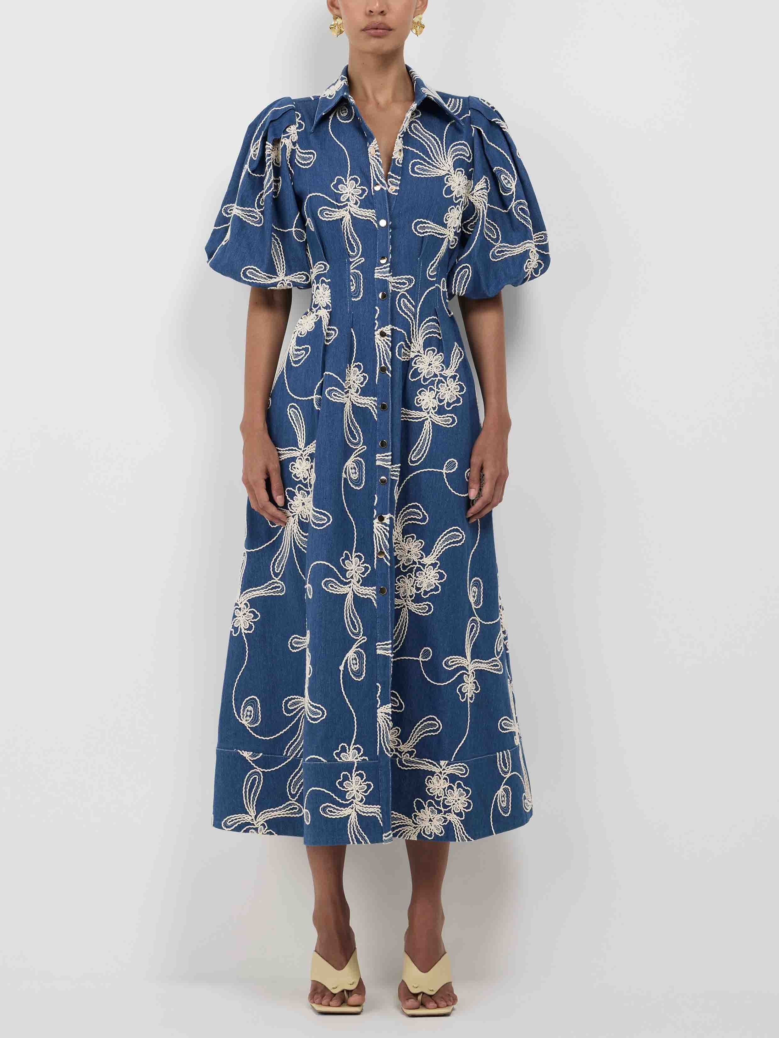 Elegant Denim Jacquard Waist Midi Dress