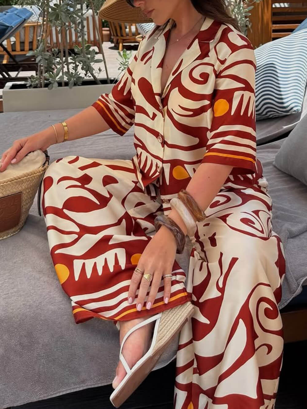 Unique Printed Satin High-Waisted Wide-Leg Pants