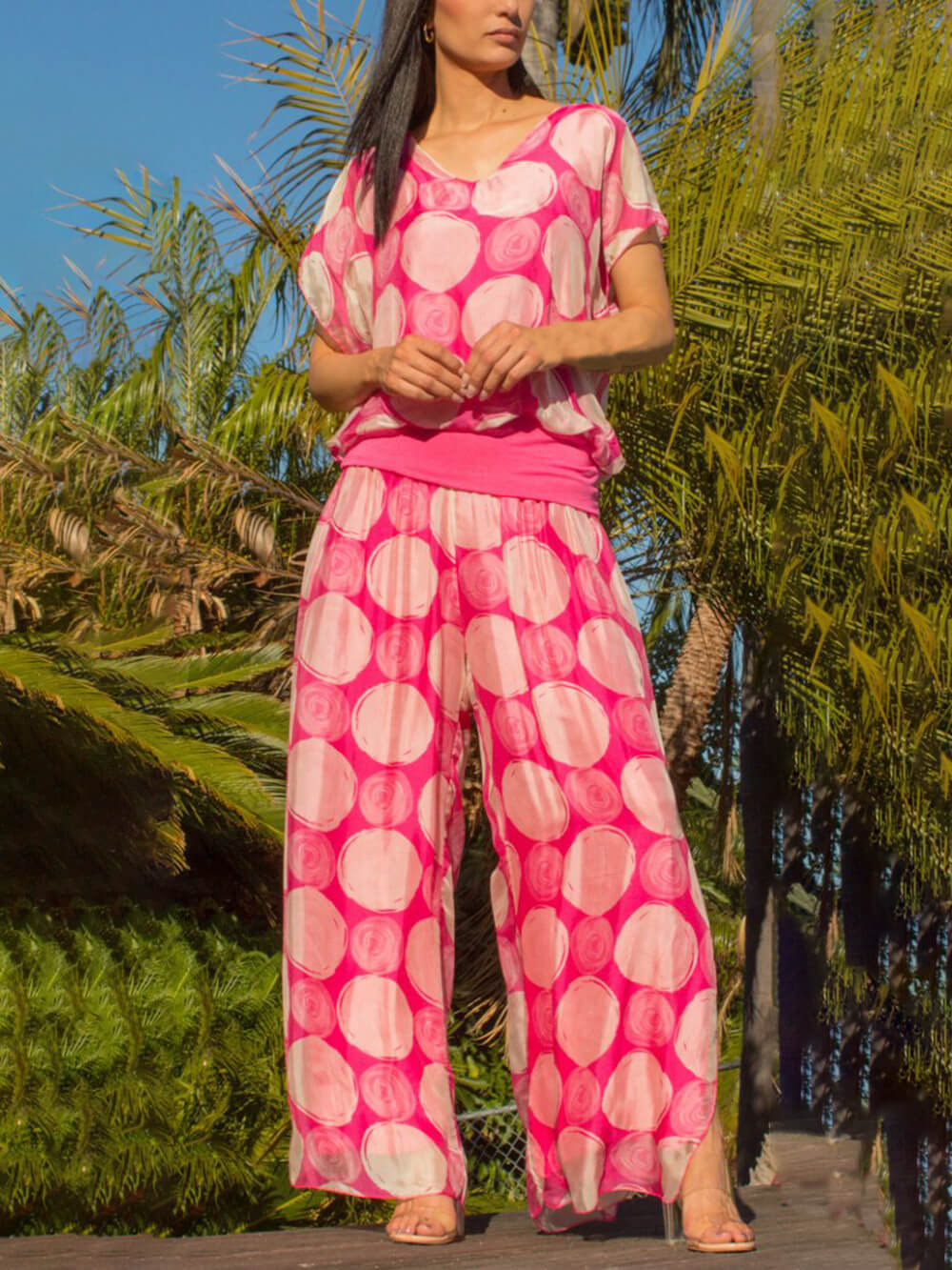 Bohemian Swirl Dot Print Elastic Waistband and Hem Side Slits Slits Pants