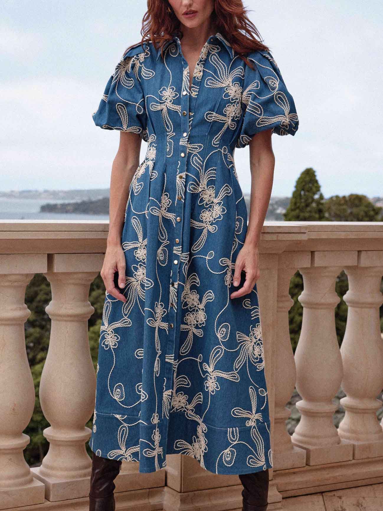 Elegant Denim Jacquard Waist Midi Dress