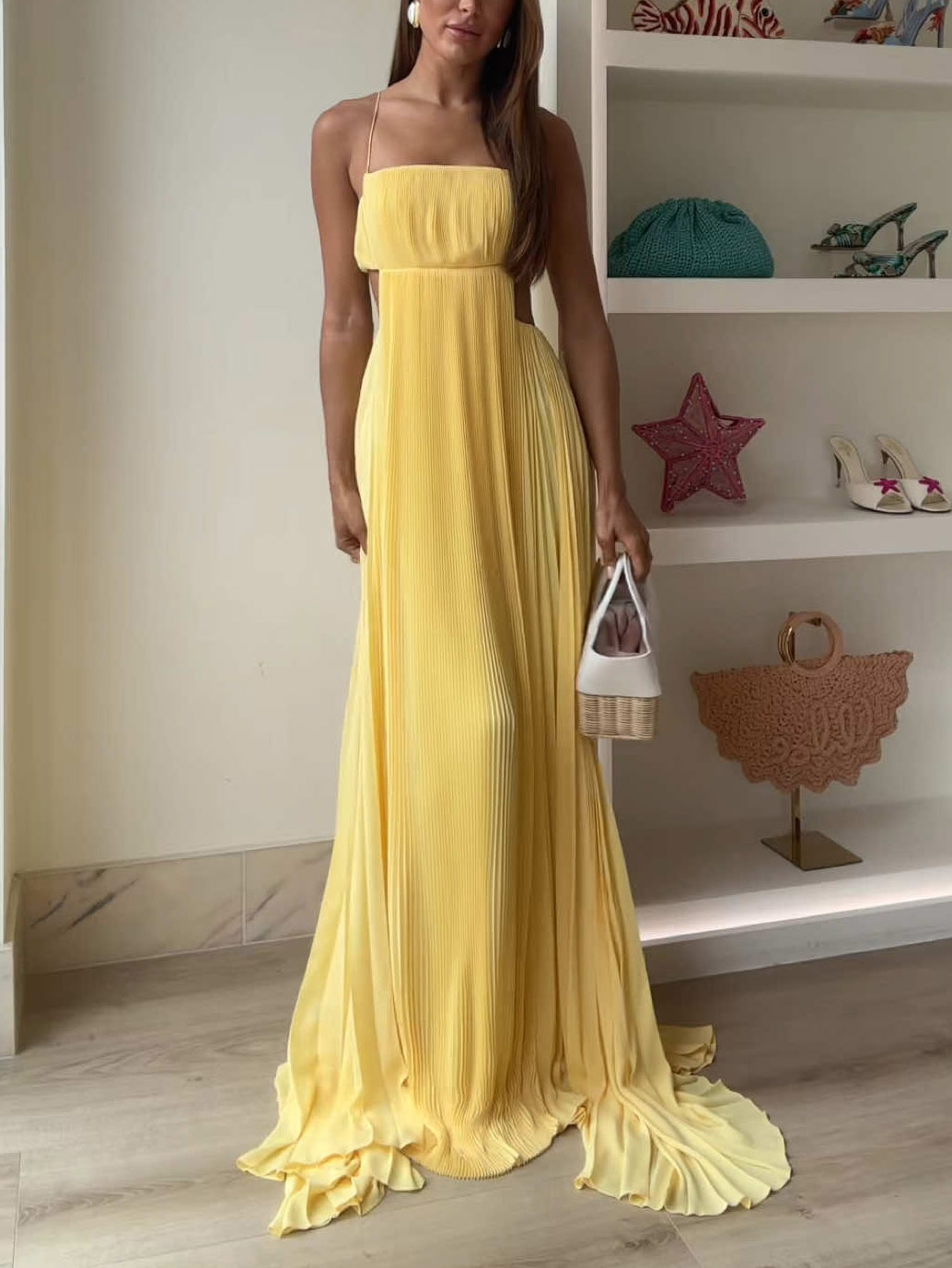Elegant Pleated Cutout Flowy Party Maxi Dress