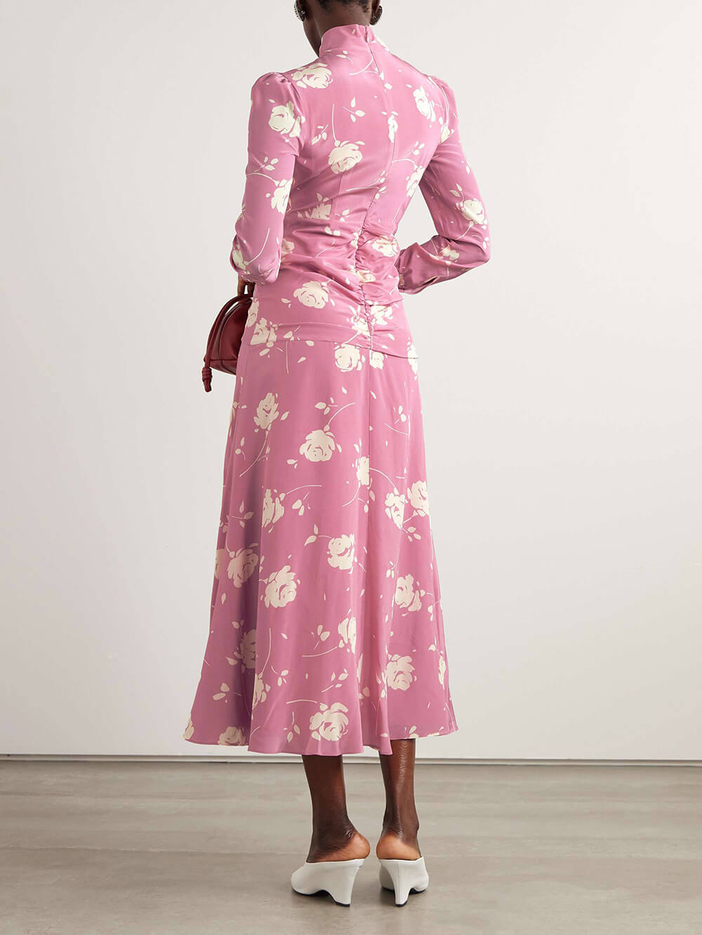 Retro Bow-Embellished Gathered Floral Print Midi Dress