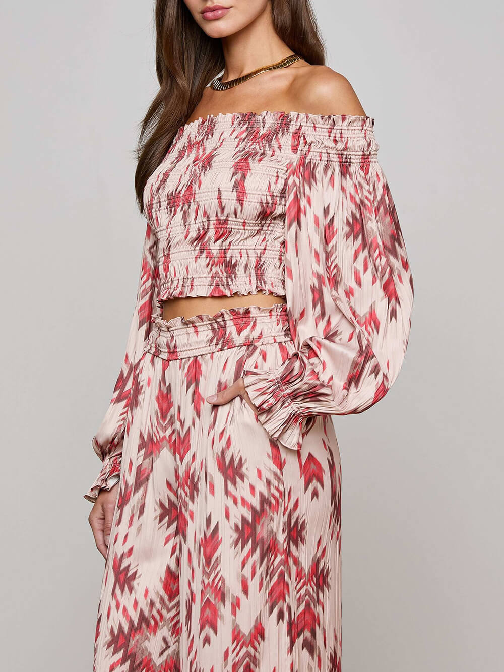 Retro Printed Ruched Stretch Off-Shoulder Top