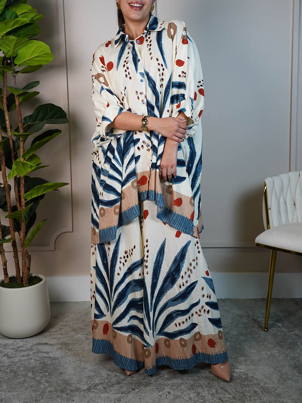 Unique Patchwork Print Elastic Waist Loose Pocket Wide Leg Pants