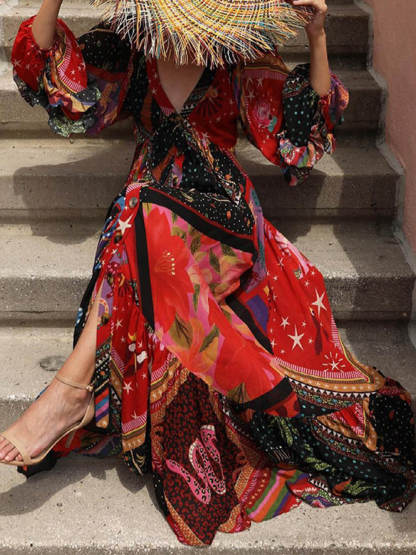 Bohemian Floral Print Patchwork Buckle Flounce V Neck Maxi Dress
