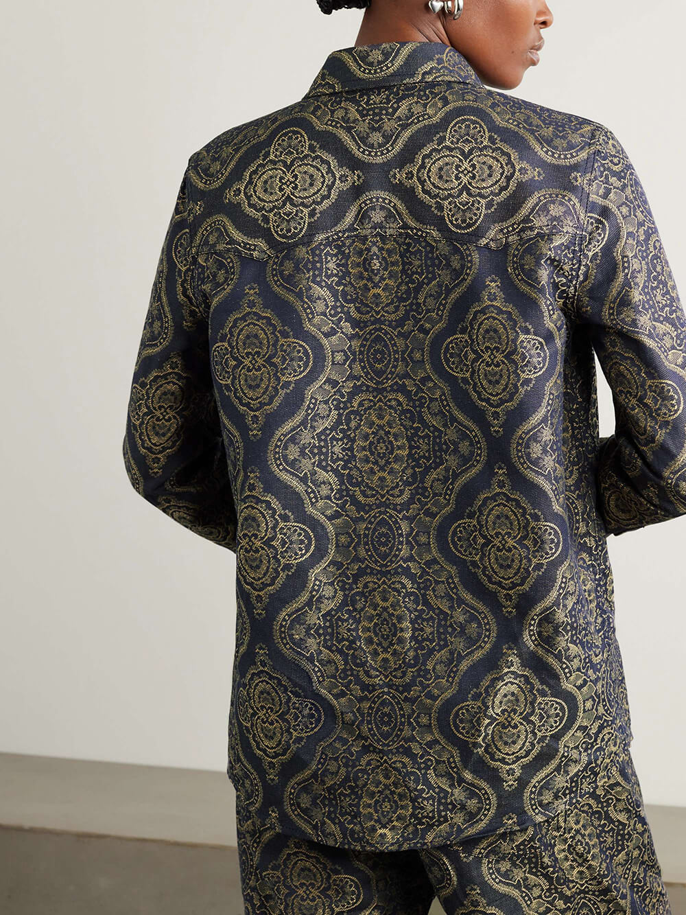 Retro Ethnic Print Denim Jacquard Button-Up Shirt