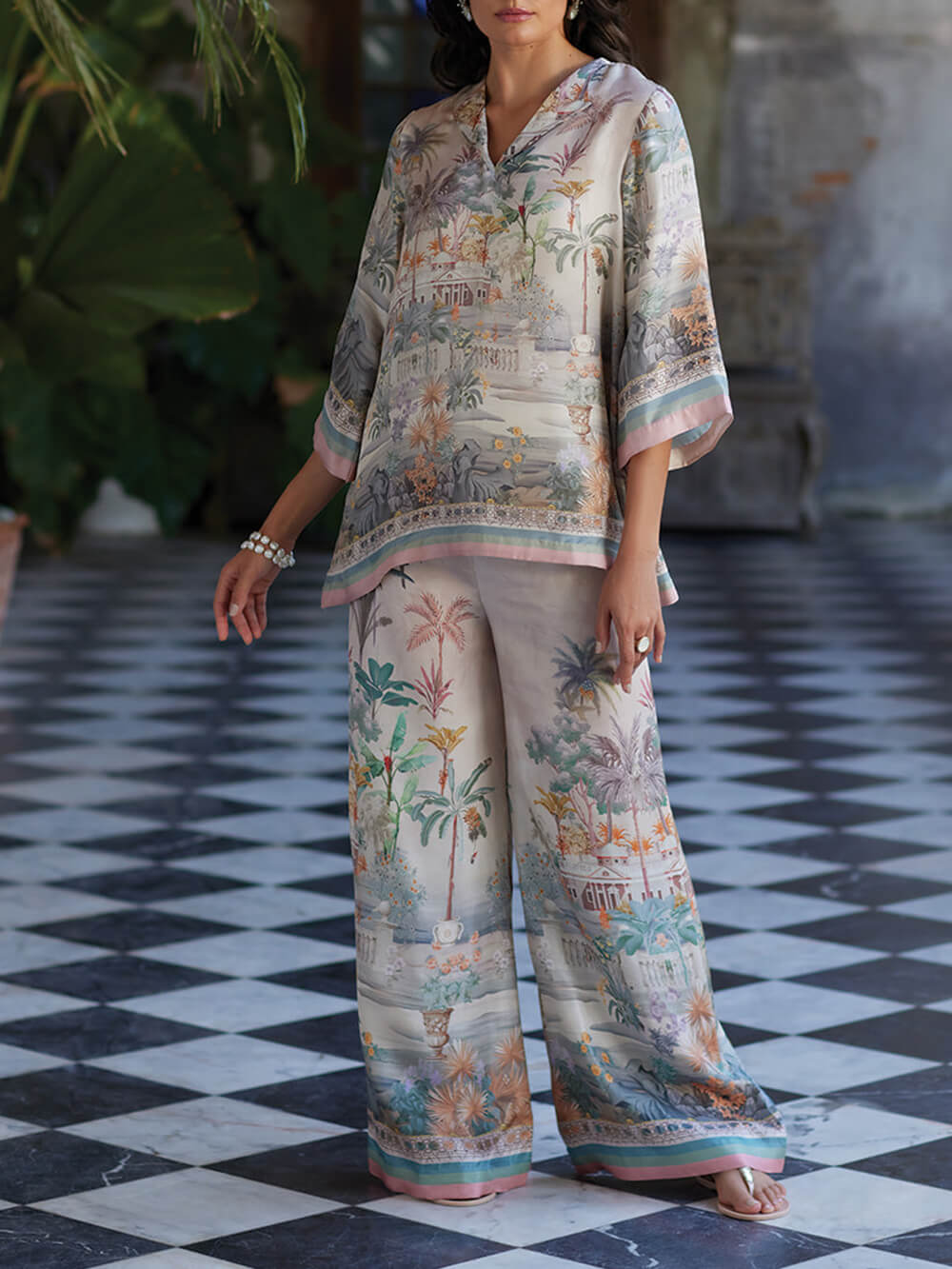 Playful Elegance Digital Print Loose Elastic Waist Wide Leg Pants