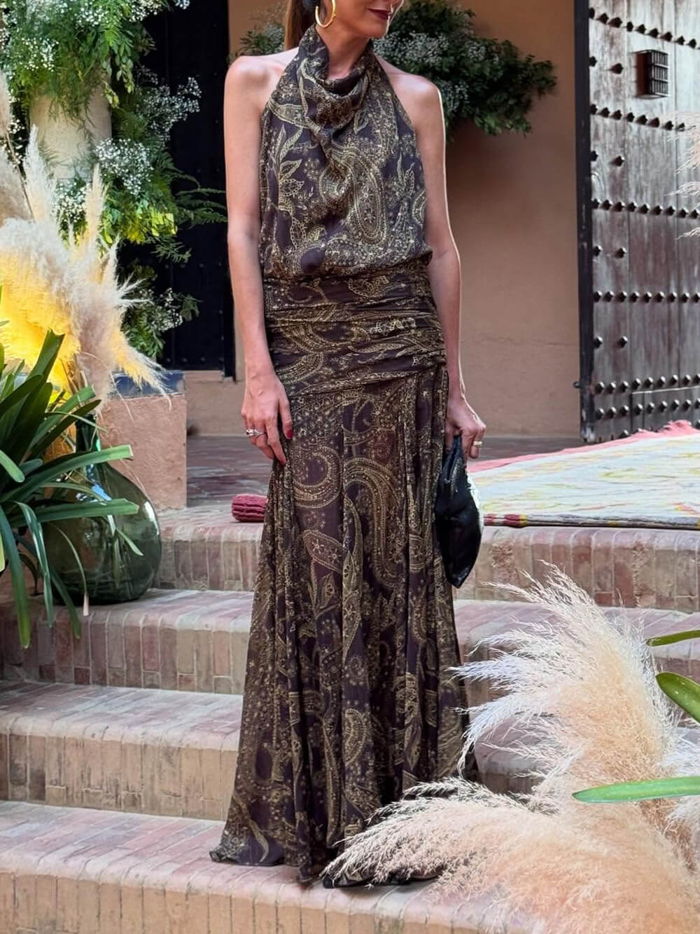 Elegant Unique Paisley Print Ruched Backless Pleated Maxi Dress