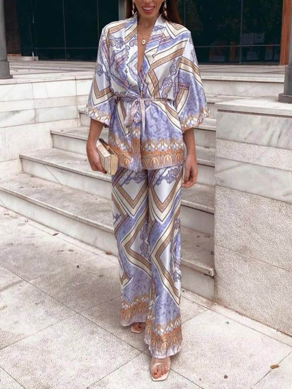 Elegant Unique Pattern Print Elastic Waist Loose Straight Pants