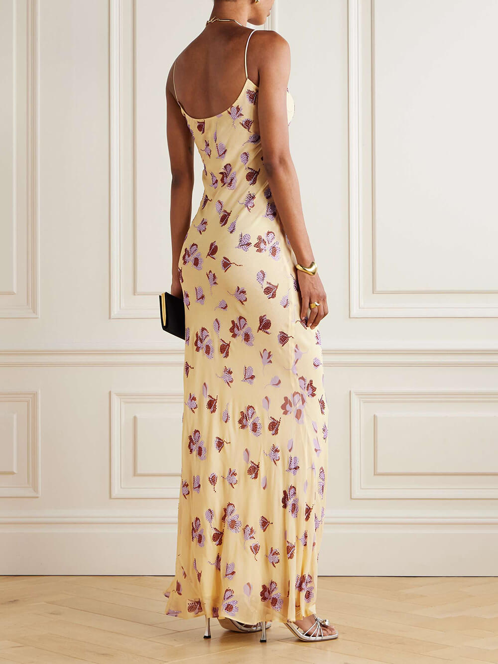 Elegant Embellished Floral Print Backless Chiffon Maxi Dress