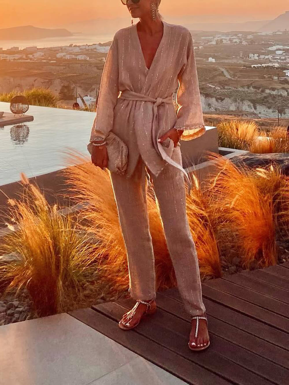 Santorini Sunset Sequin Stripe Paneled Pocket Straight Leg Pants