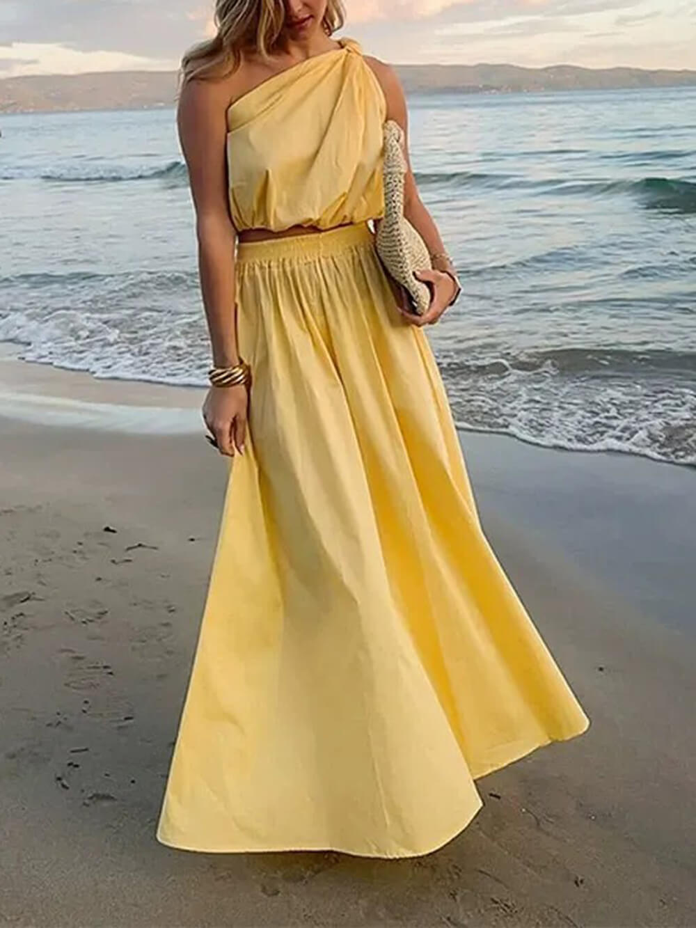Elegant Solid Ruched High-Waist Maxi Skirt