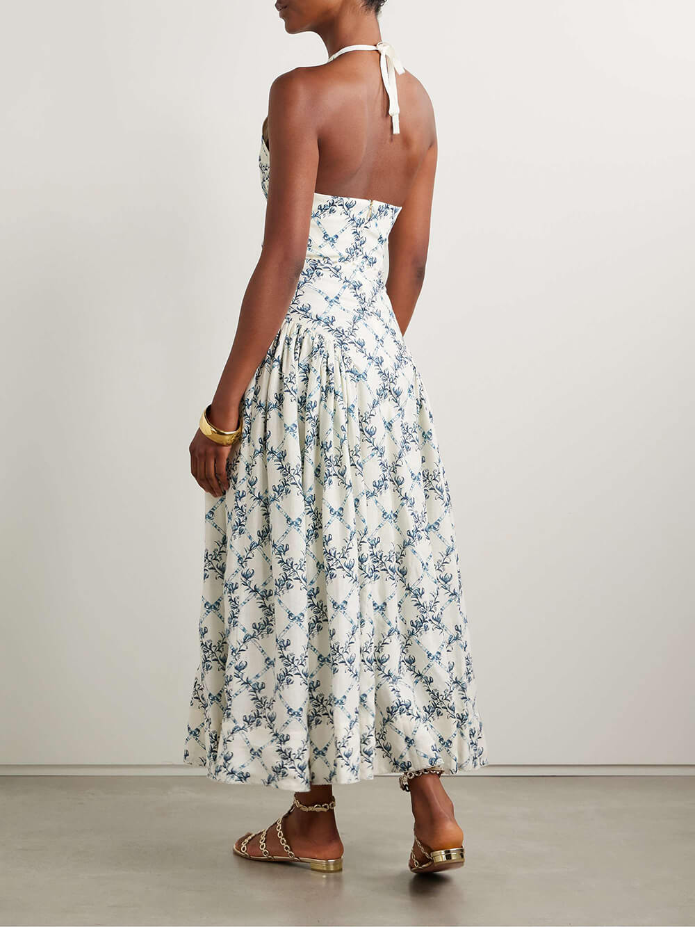 Elegant Floral Print Linen Halter Midi Dress