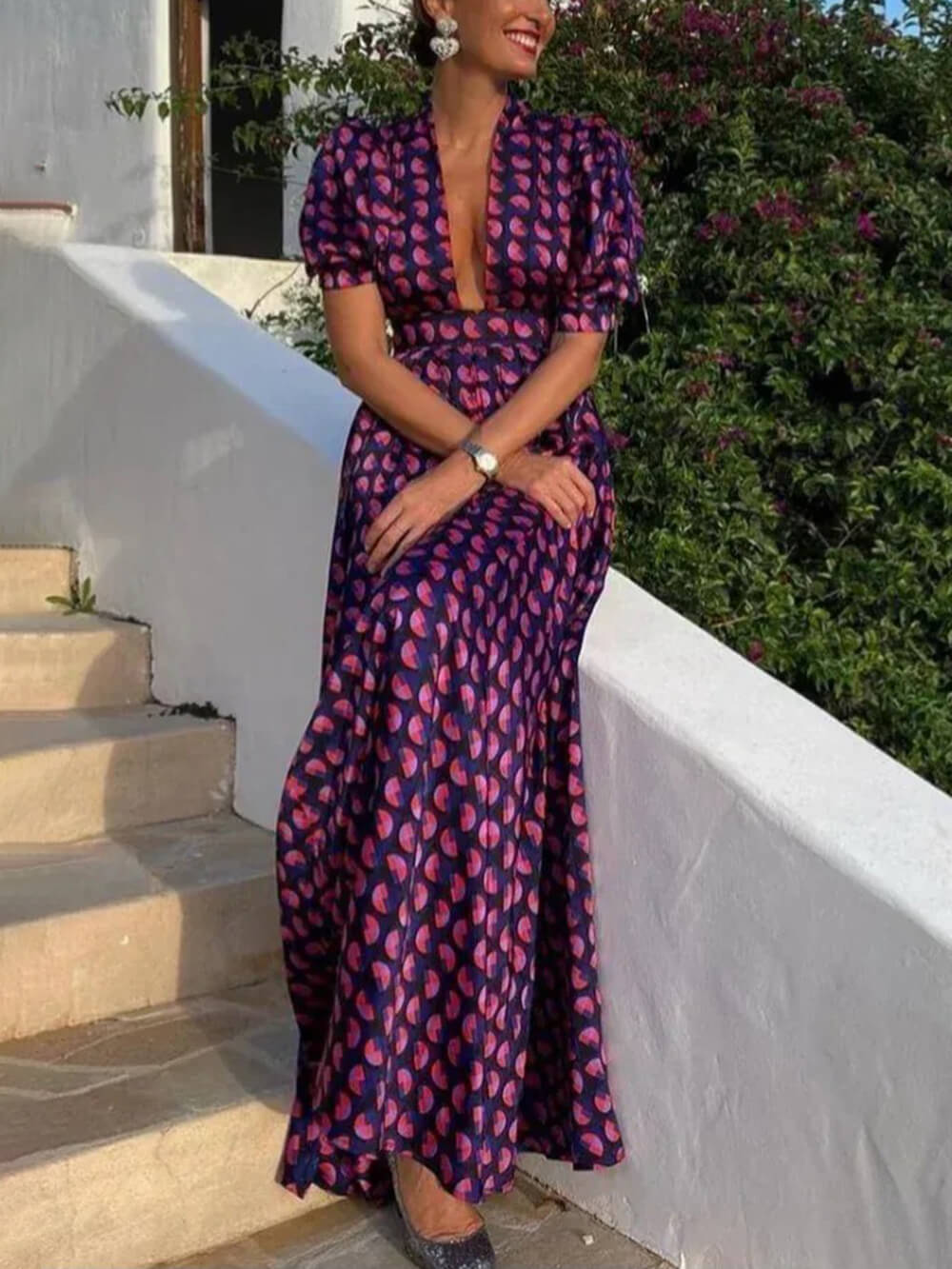 Retro Floral Printed Puff Sleeve Loose A-Line Maxi Dress