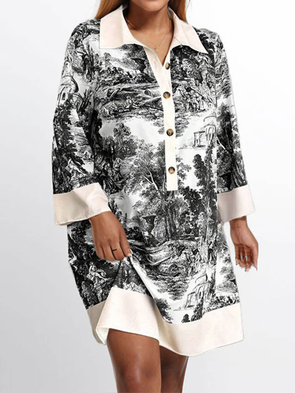 Elegant Oil Painting Pattern Contrast Print Loose Mini Dress