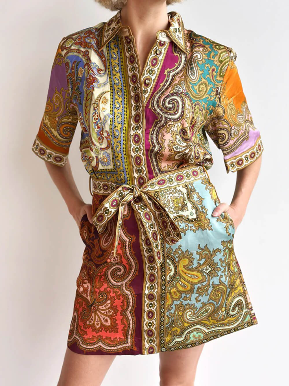 Classic Paisley Print Lace-Up Spliced Mini Dress