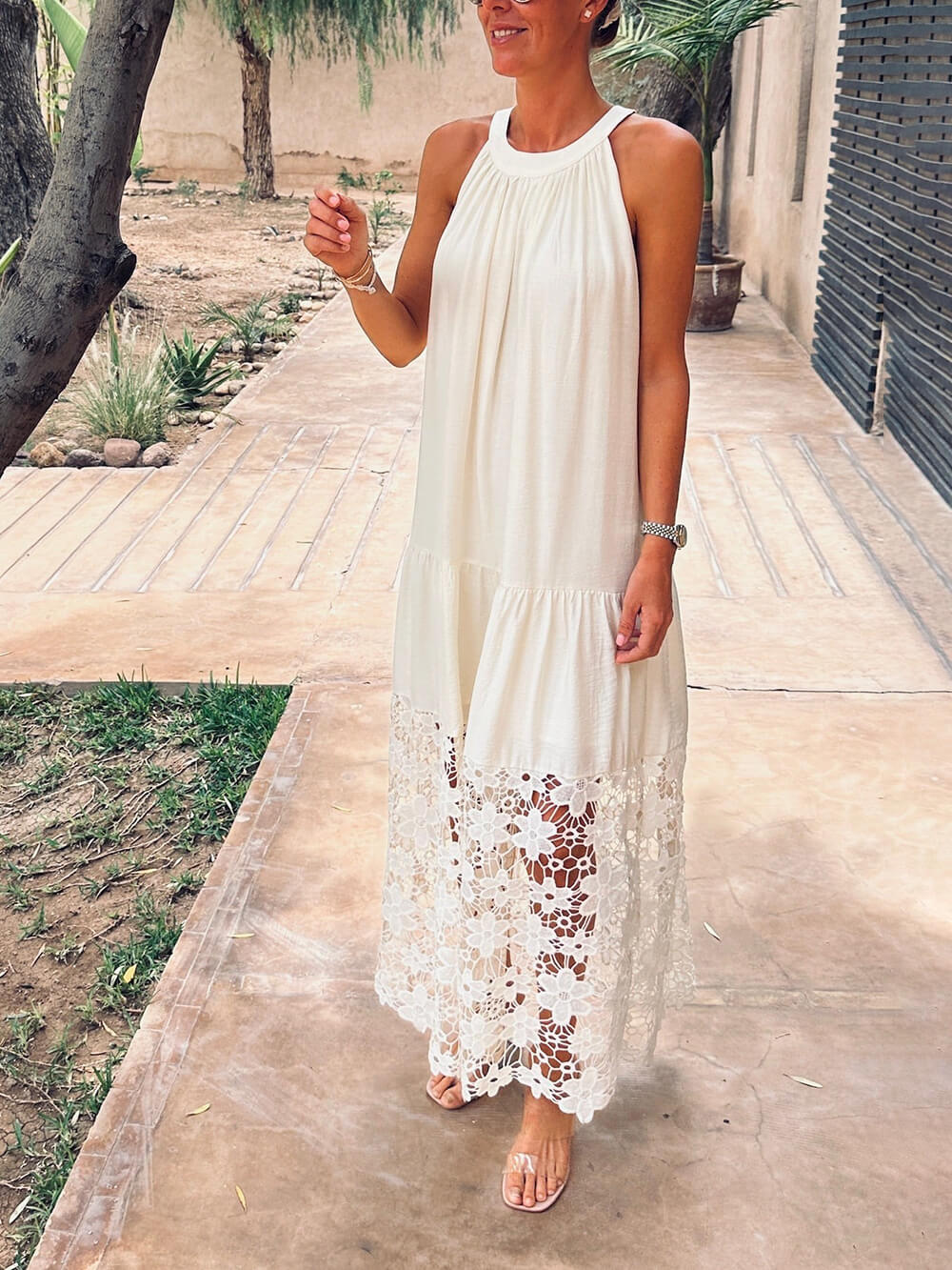 Elegant Floral Patchwork Backless Beach Maxi Dress