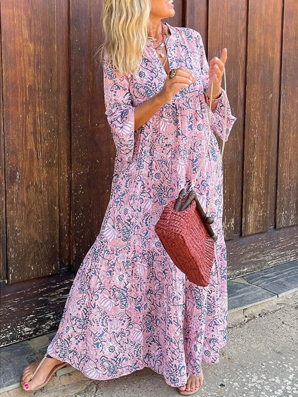 Fashionable Floral Print Loose V-Neck Holiday Maxi Dress