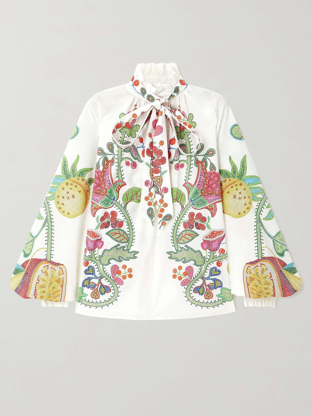 Unique Bow Tie Neck Floral Satin Ruffle Loose Blouse