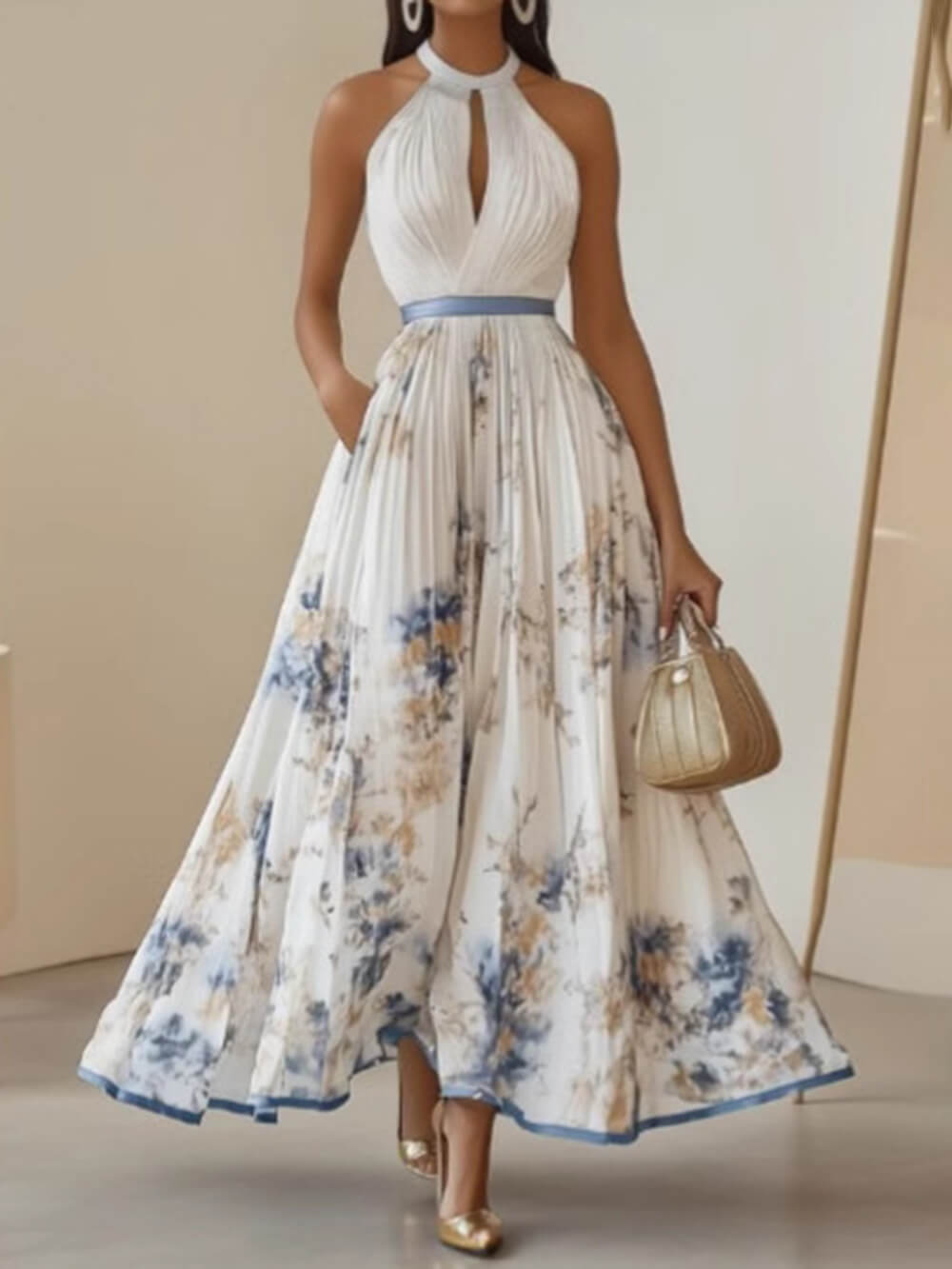 Elegant Digital Print Pleated V-Neck Sleeveless Maxi Dress