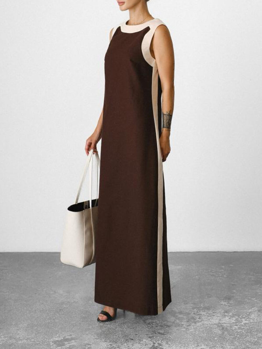 Unique Retro Colorblock Belted Linen Maxi Dress