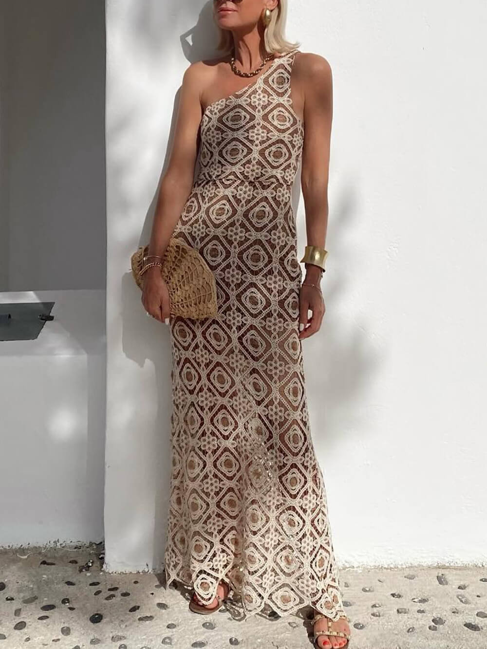 Summer Obsession One-Shoulder Crochet Lace Maxi Dress