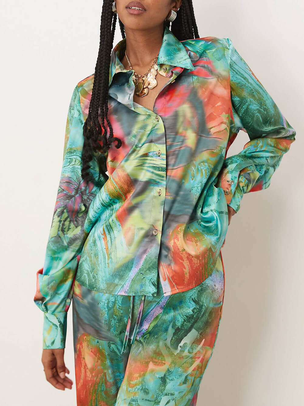 Unique Artistry in Motion Satin Oil Painting Print Button-Up Shirt