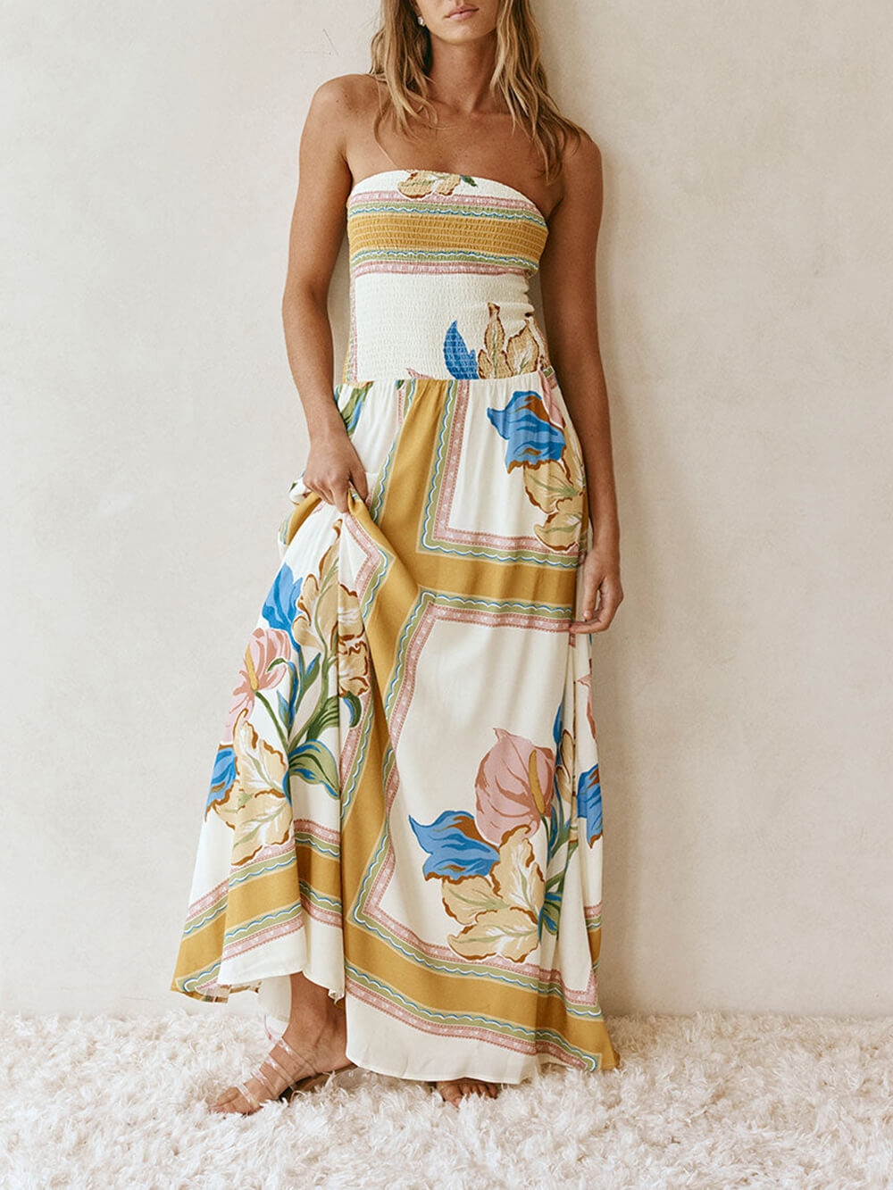 Elegant Off-Shoulder Printed Ruched A-Line With Pockets Maxi Dress