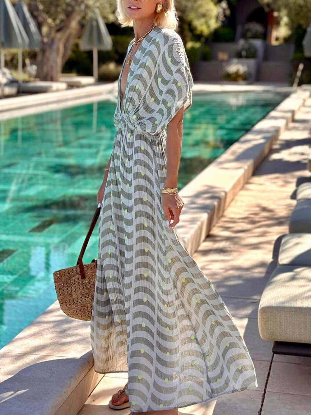 Unique Ruched Print With Drop Shoulders Side Slit Maxi Dress