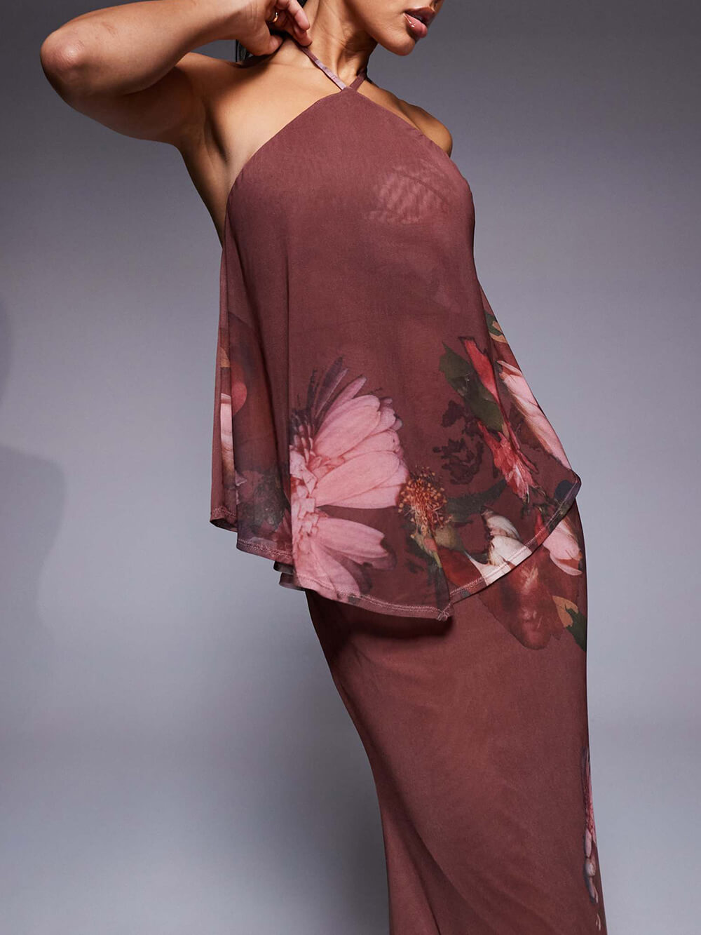 Delicate Floral Print Sheer Overlay Mesh Halter Maxi Dress