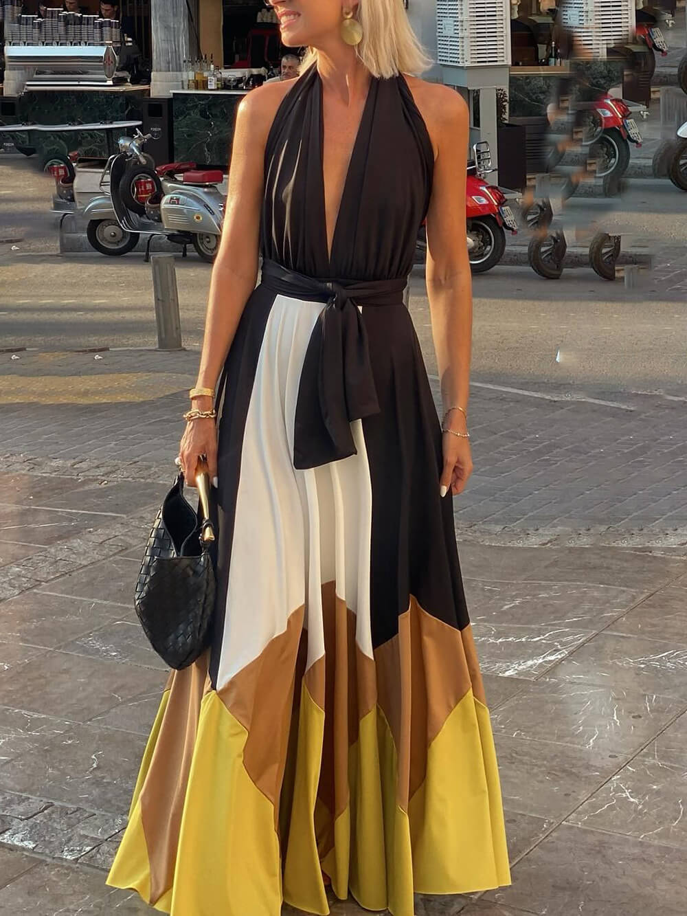 Elegant Geometric Patchwork Backless Tie-Back Maxi Dress