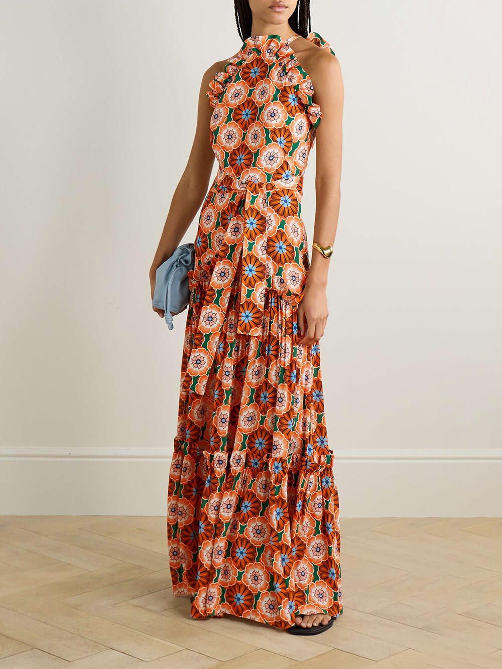 Retro Tie-Waist Ruffled Printed Crinkle Chiffon Maxi Dress