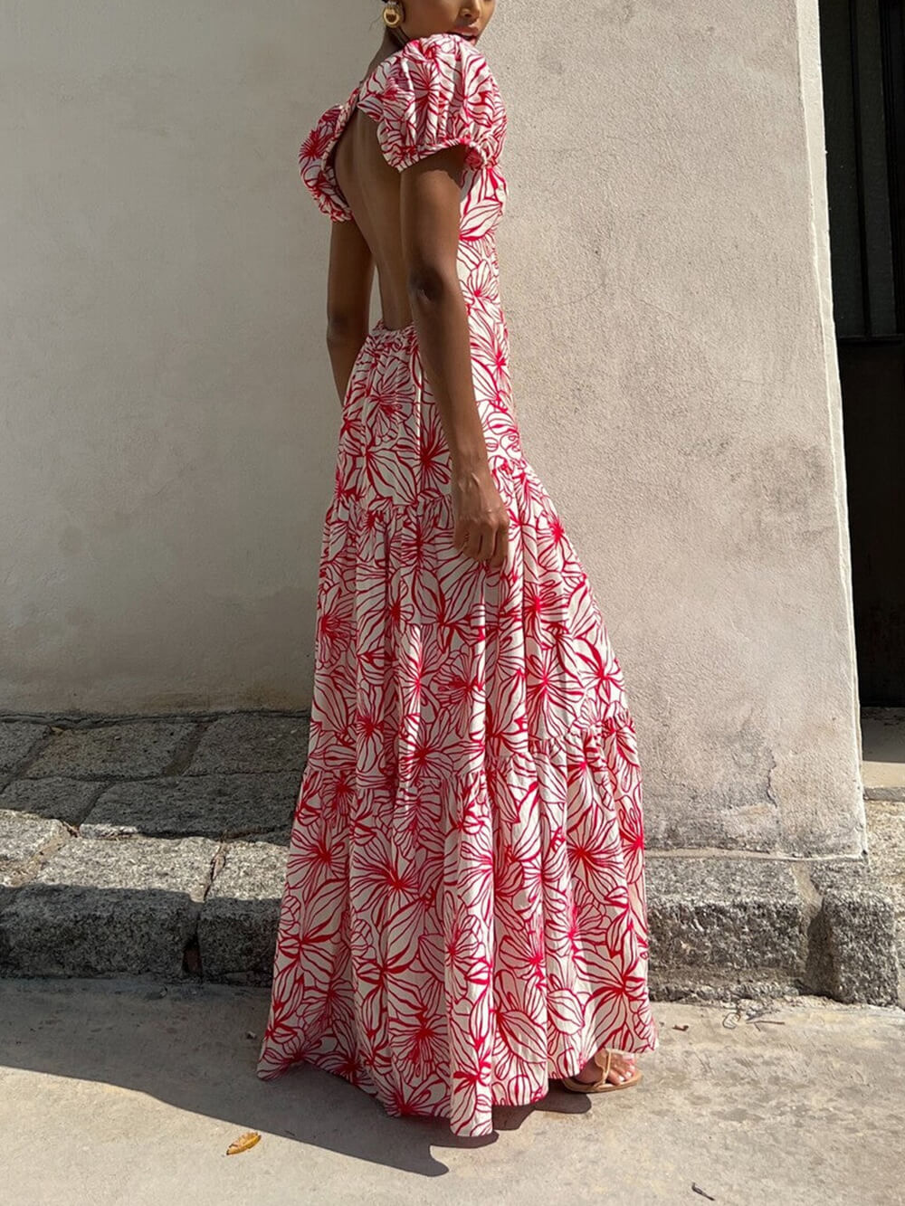 Beautiful Floral Print Cutout Open Back Pleated Maxi Dress