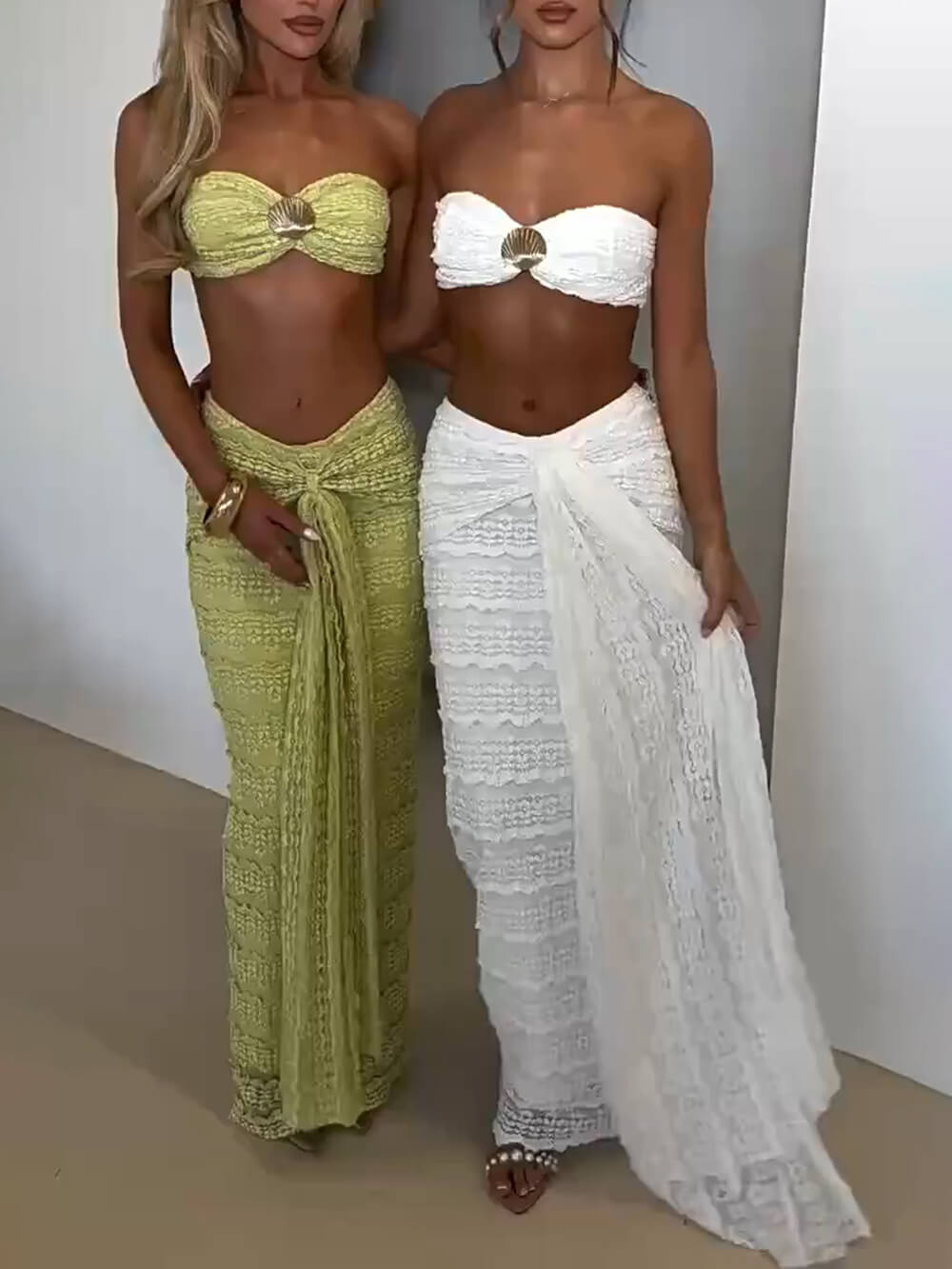 Elegant Strapless Shell-Embellished Top & Ruched Skirt Set