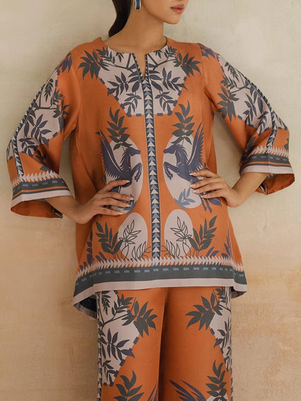 Retro Modern Floral Print Contrasting Stitching Elastic Waist Wide-Leg Pants