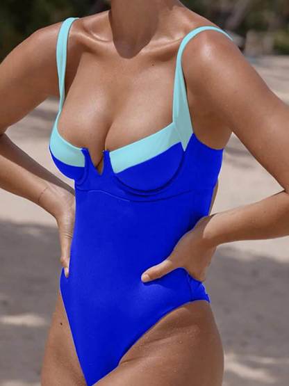 Black And White Patchwork U-Neck One-Piece Swimsuit