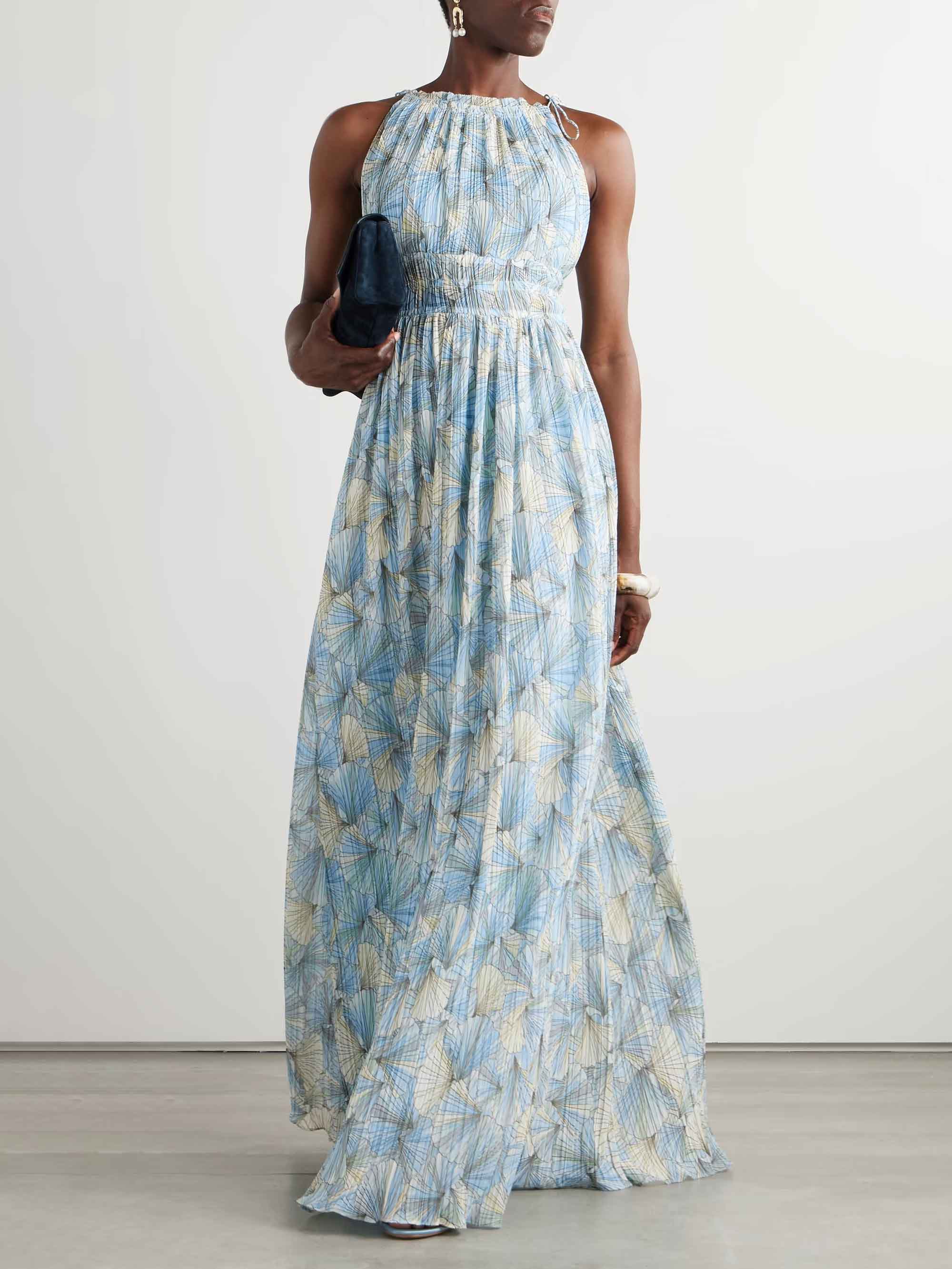 Elegant Painted Floral Print Chiffon Pleated Maxi Dress