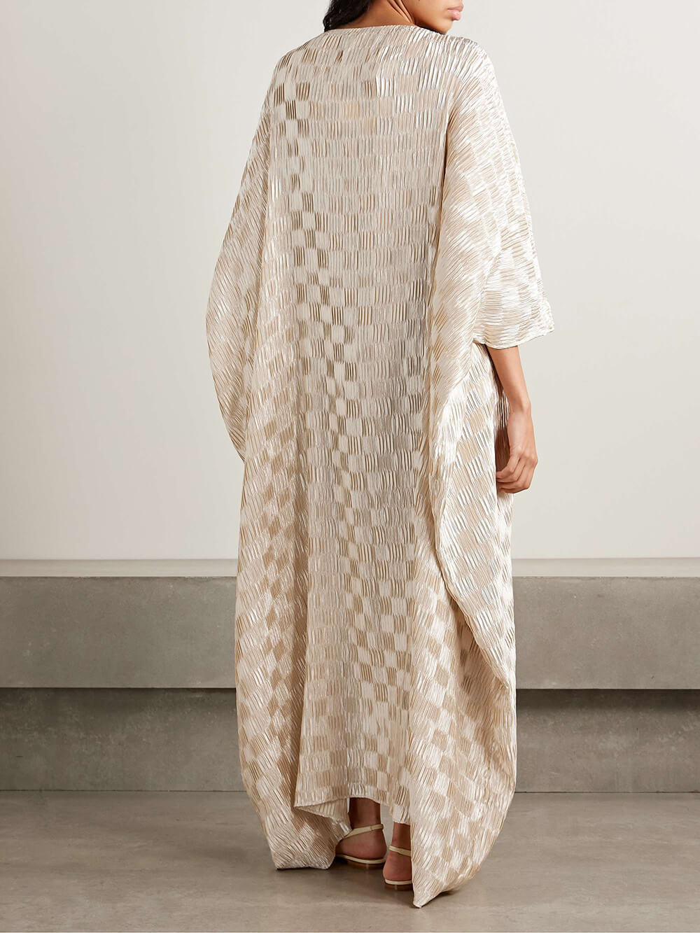 Unique Casual Cocoon Silhouette Plaid Print Pleated Drop Shoulder Sleeve Loose Maxi Dress