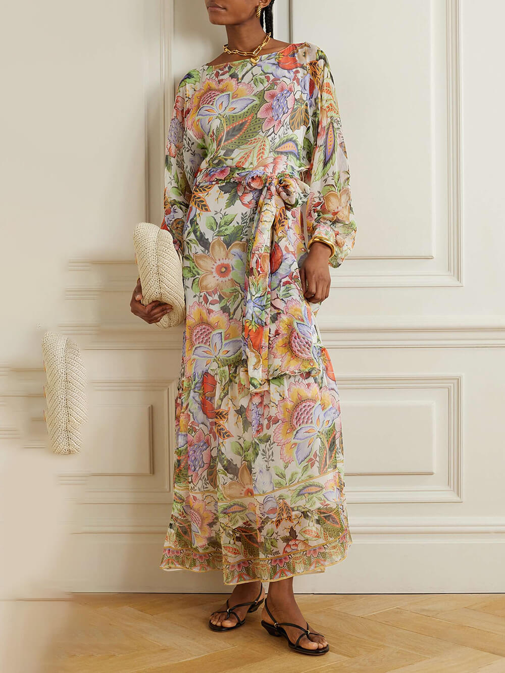 Exquisite Belted Floral-Print Chiffon Crepon Maxi Dress