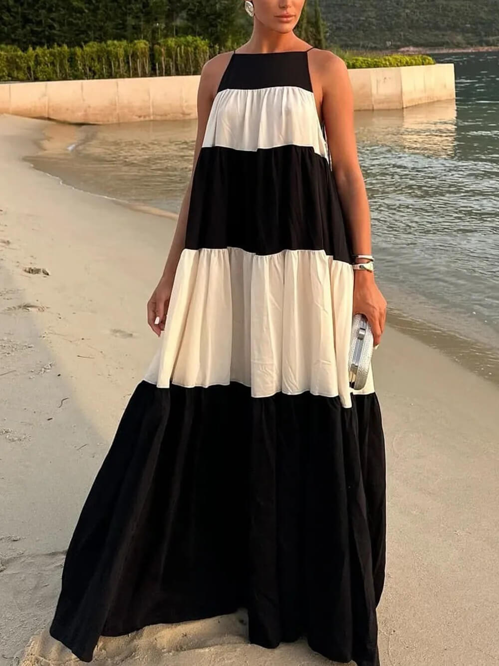 Casual Colorblock Tie-strap Gathered Tiers A-line Maxi Dress