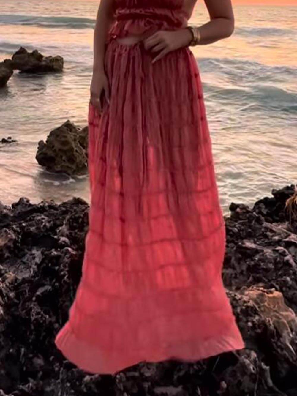 Charm Pleated Drawstring Waist Tiered Maxi Skirt